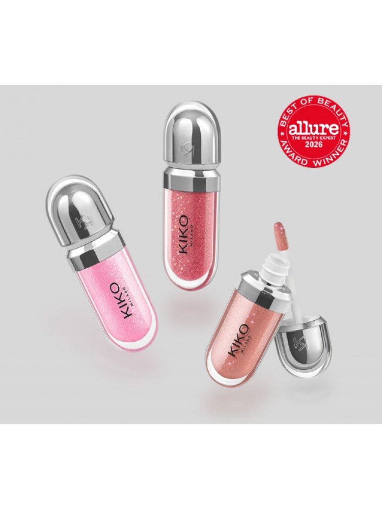 Kiko Milano mini lūpų blizgių rinkinys: 3 drėkinamieji lūpų blizgesiai su apimties suteikiančiu 3D efektu Kiko Milano mini lūpų blizgių rinkinys: 3 drėkinamieji lūpų blizgesiai su apimties suteikiančiu 3D efektu