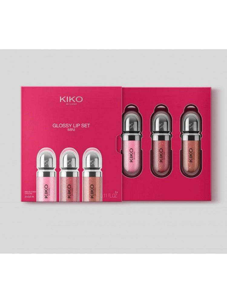 Kiko Milano mini lūpų blizgių rinkinys: 3 drėkinamieji lūpų blizgesiai su apimties suteikiančiu 3D efektu Kiko Milano mini lūpų blizgių rinkinys: 3 drėkinamieji lūpų blizgesiai su apimties suteikiančiu 3D efektu