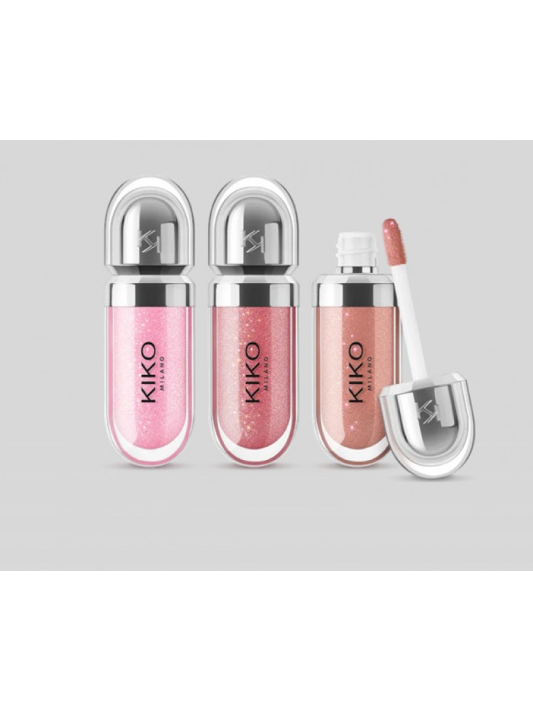 Kiko Milano mini lūpų blizgių rinkinys: 3 drėkinamieji lūpų blizgesiai su apimties suteikiančiu 3D efektu Kiko Milano mini lūpų blizgių rinkinys: 3 drėkinamieji lūpų blizgesiai su apimties suteikiančiu 3D efektu