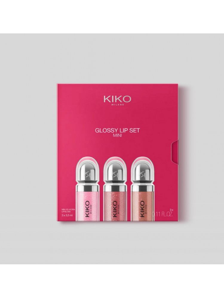 Kiko Milano mini lūpų blizgių rinkinys: 3 drėkinamieji lūpų blizgesiai su apimties suteikiančiu 3D efektu Kiko Milano mini lūpų blizgių rinkinys: 3 drėkinamieji lūpų blizgesiai su apimties suteikiančiu 3D efektu